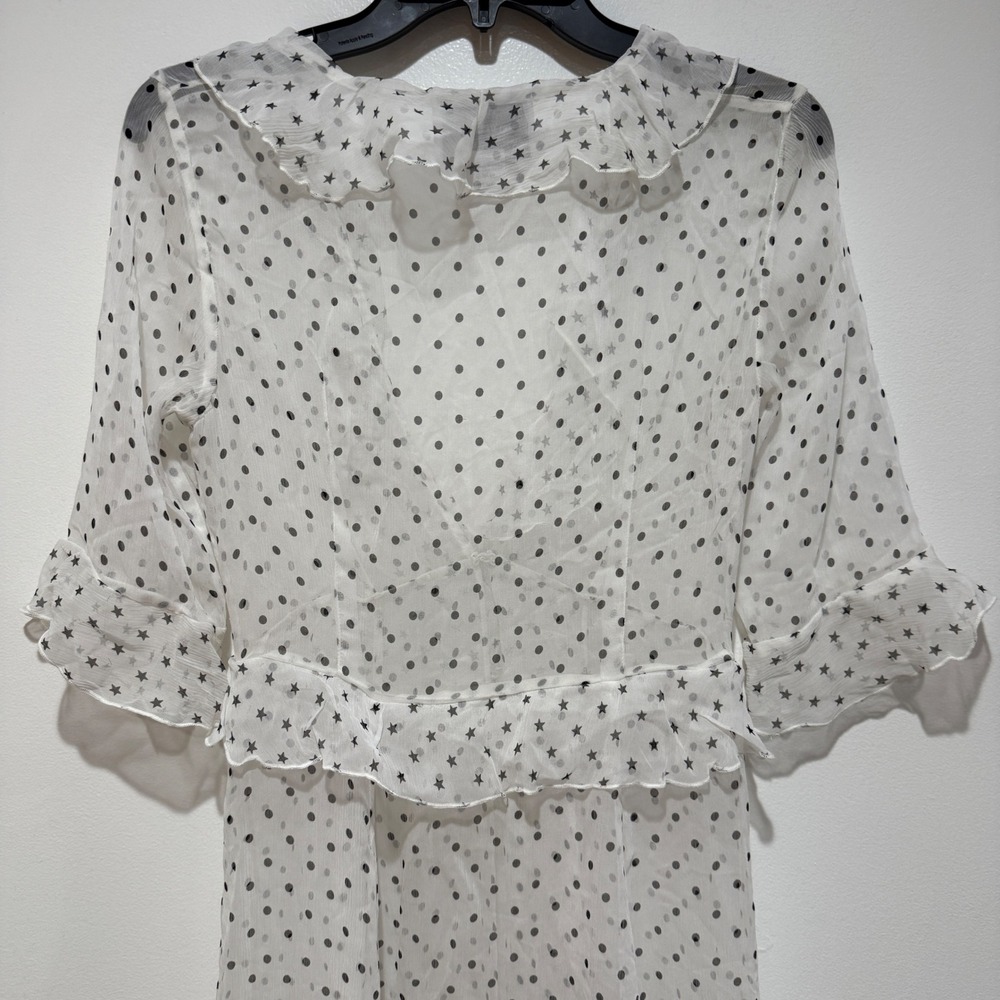 We Are Leone Sheer Ruffle Maxi Robe Dress White Polka Dot Star S/M Resort Vacati - Picture 12 of 16